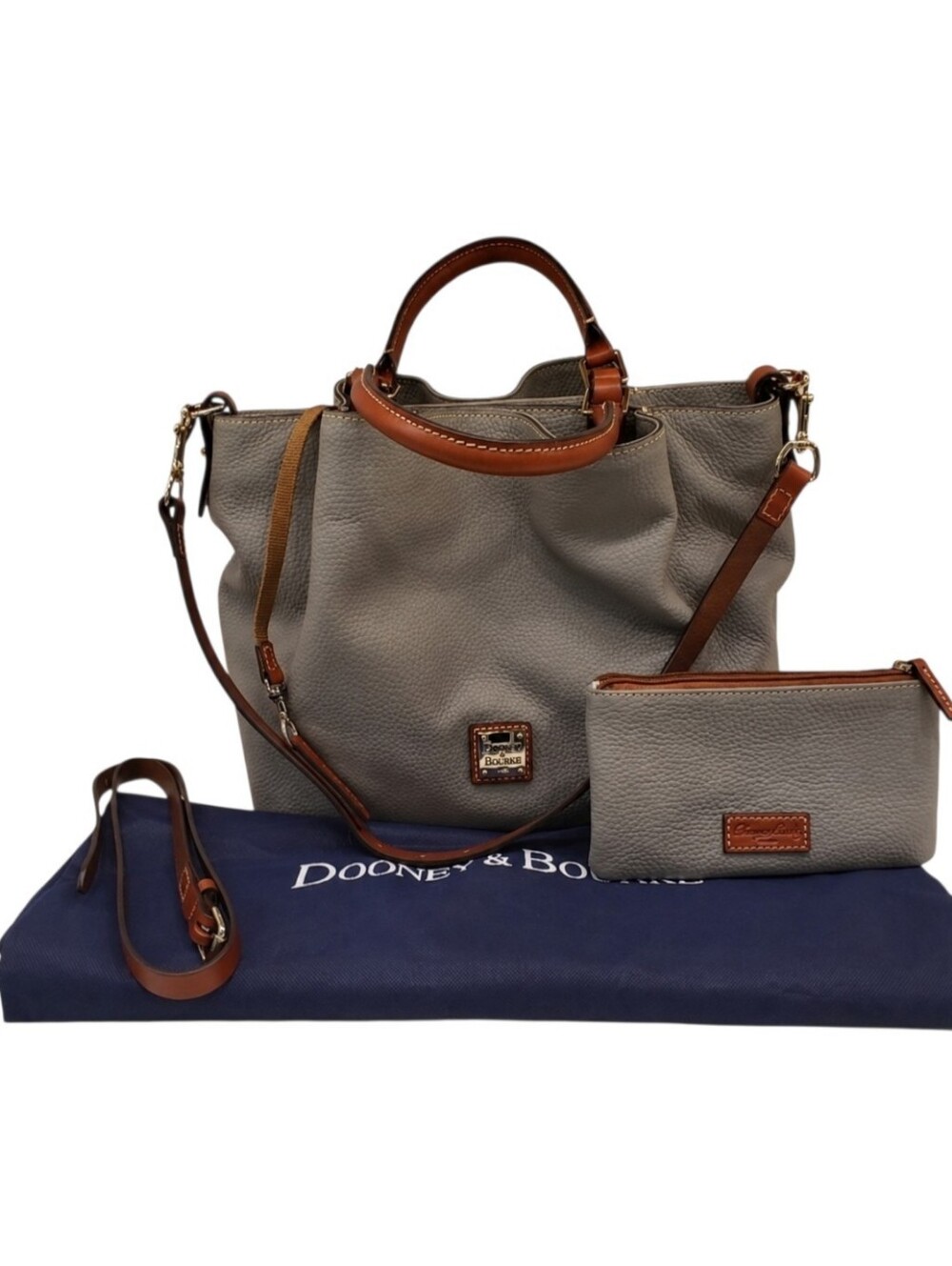 Dooney Bourke Large Brenna Pebble Leather Satchel Smoke Gray Zip Pouch Dust Bag